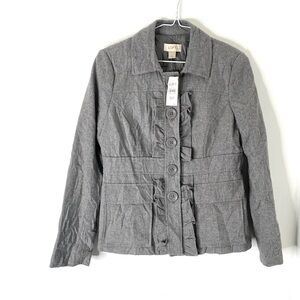 LOFT Grey Wool Blend Ruffle Trim Blazer NWT Petite Feminine Career Office Jacket